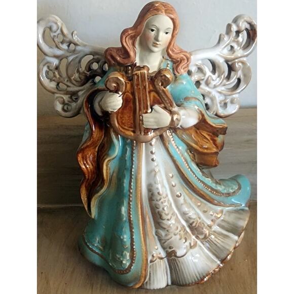Vintage Ceramic Porcelain Angel Playing Harp Figurine Glossy Finish 7 1/2" - Picture 1 of 10